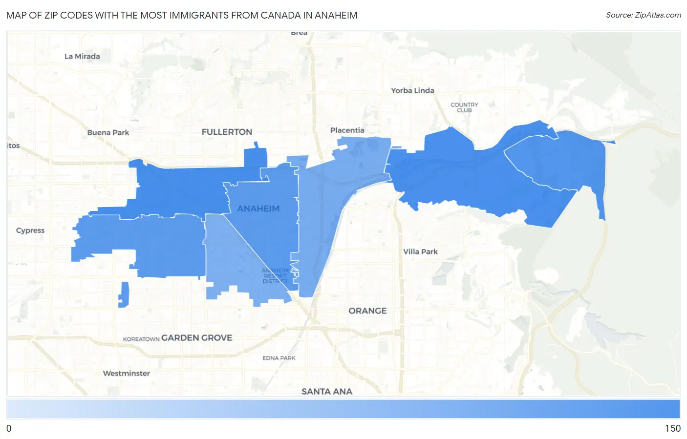 Zip Codes with the Most Immigrants from Canada in Anaheim Map