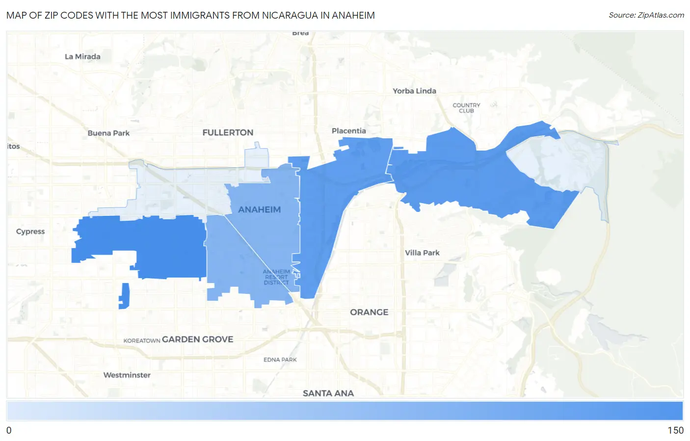 Zip Codes with the Most Immigrants from Nicaragua in Anaheim Map