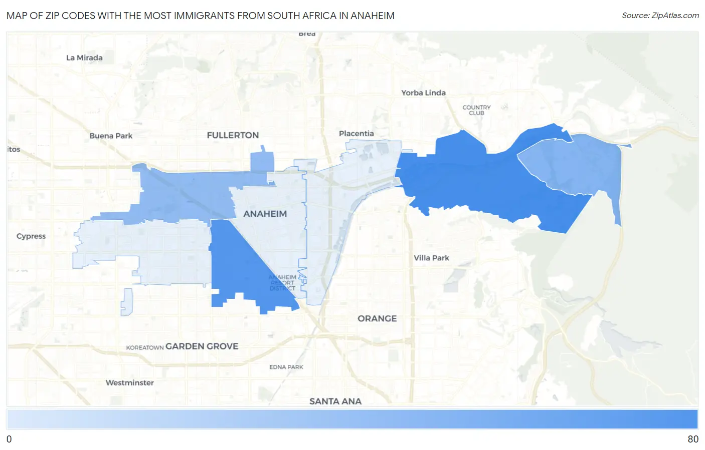 Zip Codes with the Most Immigrants from South Africa in Anaheim Map