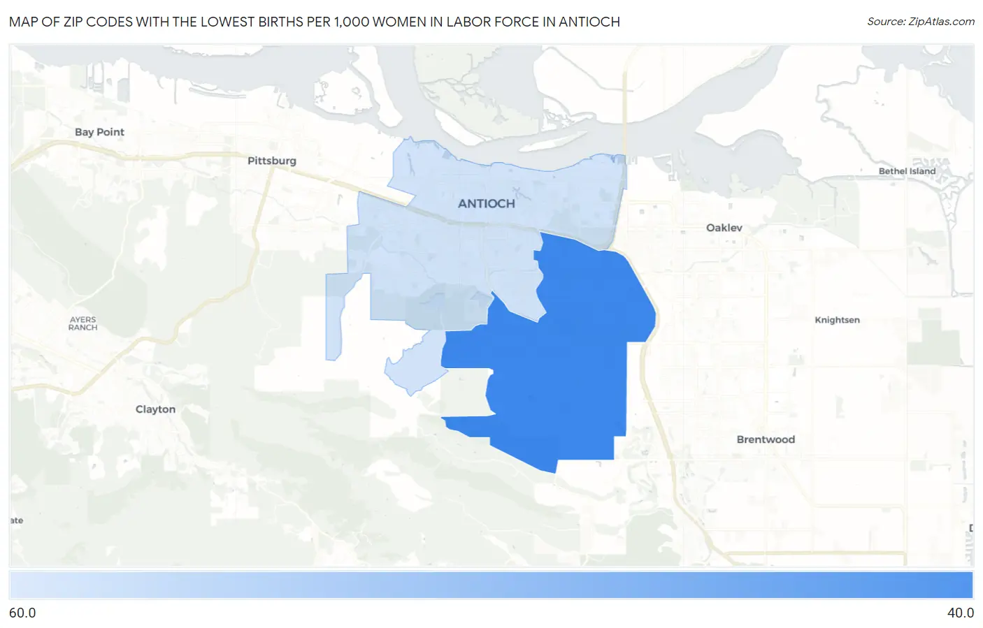 Zip Codes with the Lowest Births per 1,000 Women in Labor Force in Antioch Map