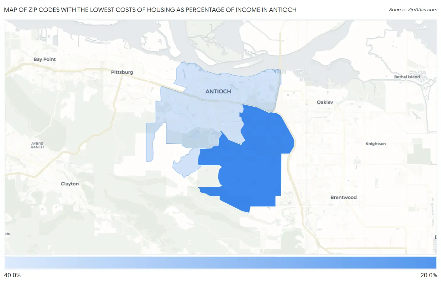 Zip Codes with the Lowest Costs of Housing as Percentage of Income in Antioch Map