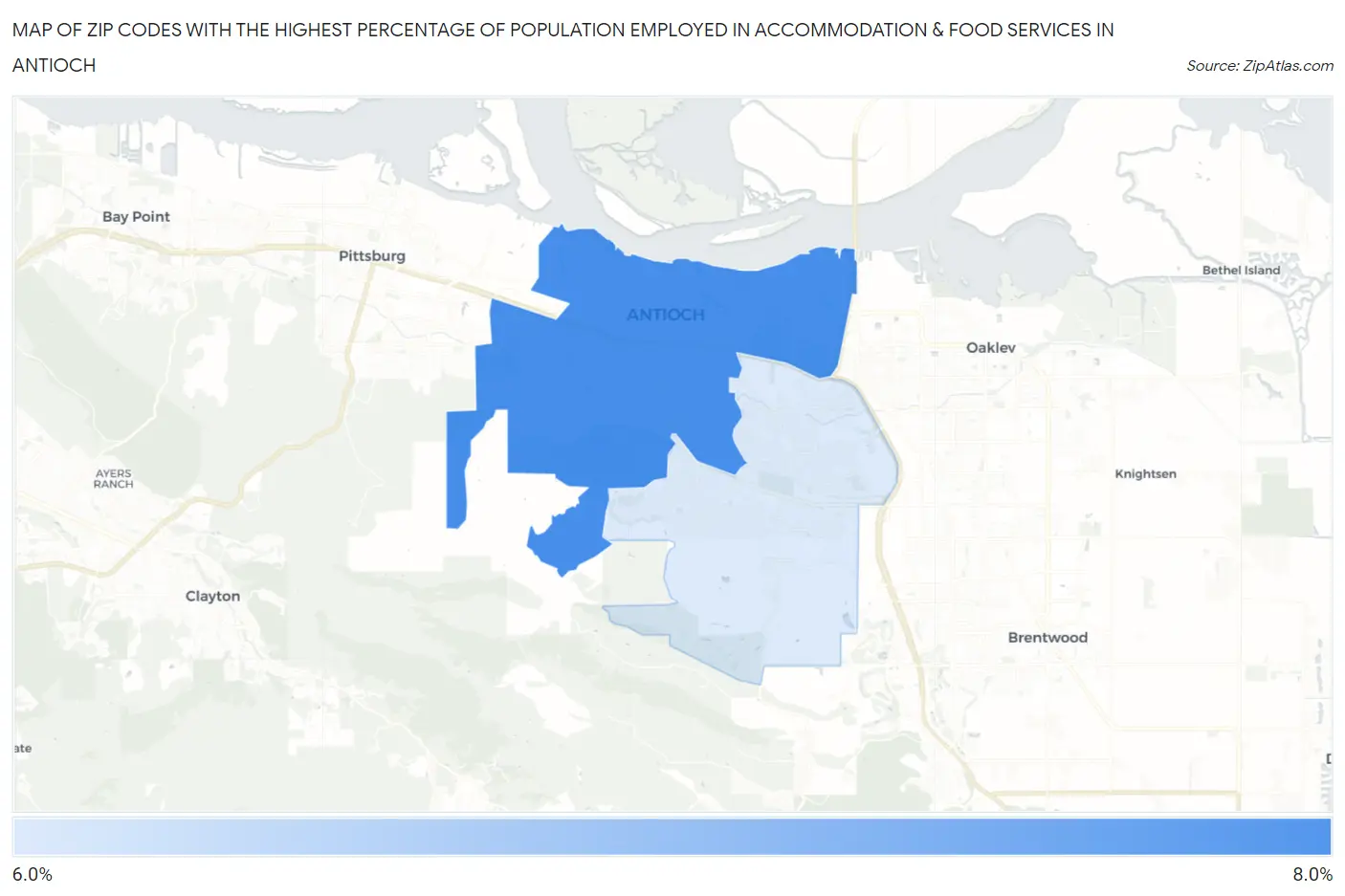 Zip Codes with the Highest Percentage of Population Employed in Accommodation & Food Services in Antioch Map
