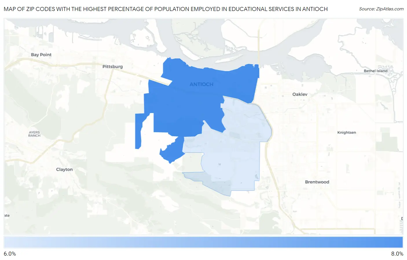Zip Codes with the Highest Percentage of Population Employed in Educational Services in Antioch Map