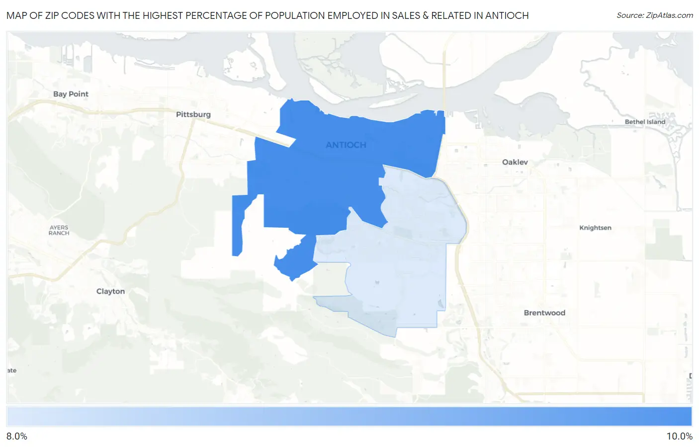 Zip Codes with the Highest Percentage of Population Employed in Sales & Related in Antioch Map