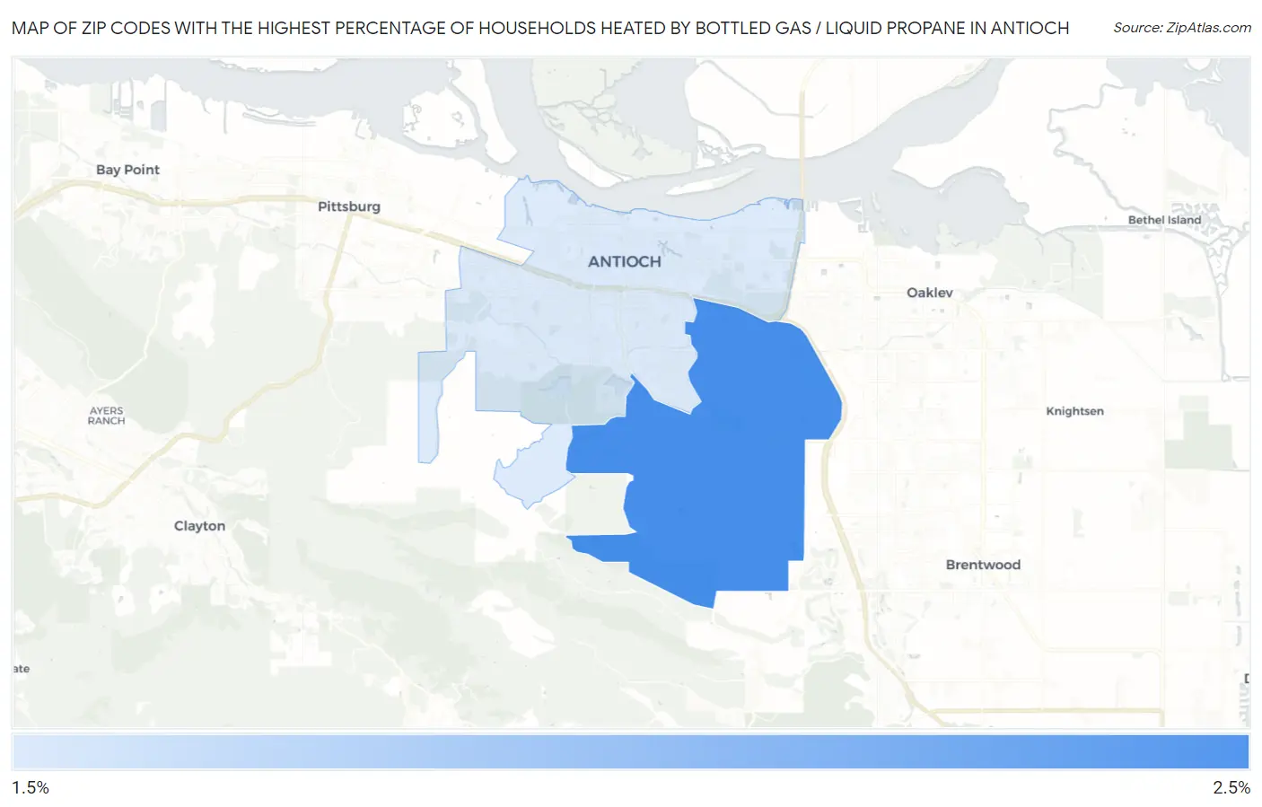 Zip Codes with the Highest Percentage of Households Heated by Bottled Gas / Liquid Propane in Antioch Map