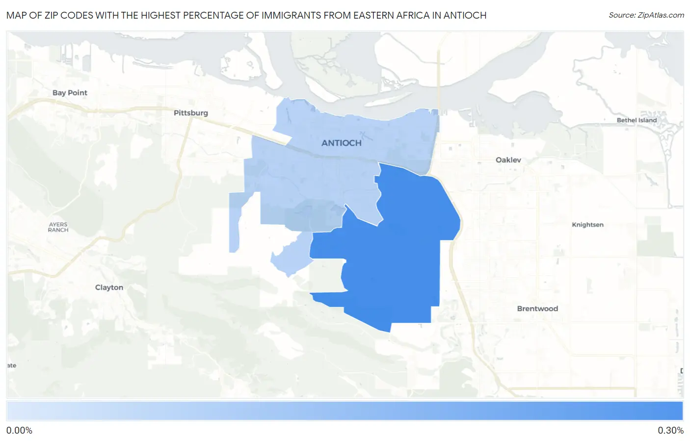 Zip Codes with the Highest Percentage of Immigrants from Eastern Africa in Antioch Map