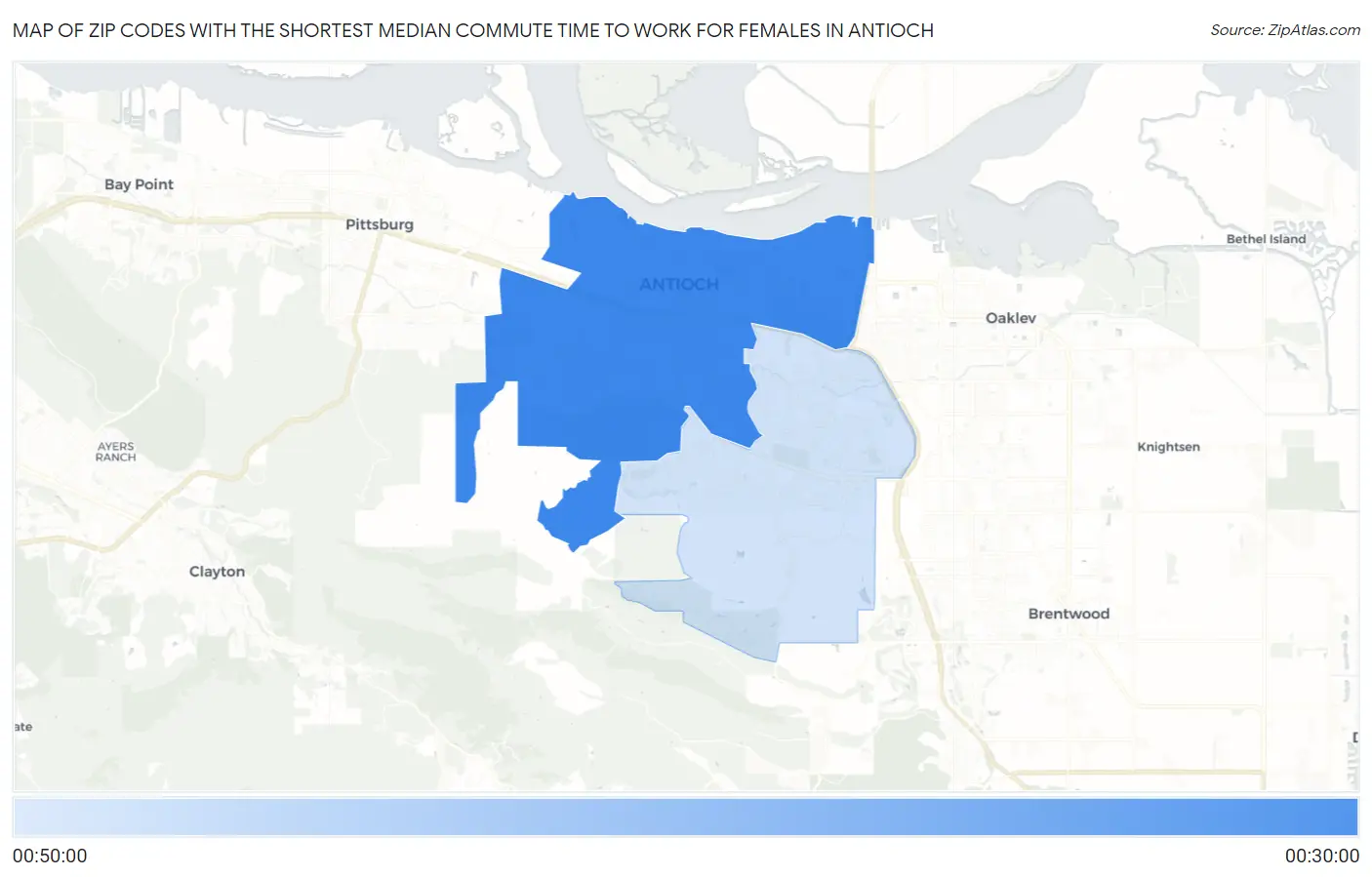 Zip Codes with the Shortest Median Commute Time to Work for Females in Antioch Map