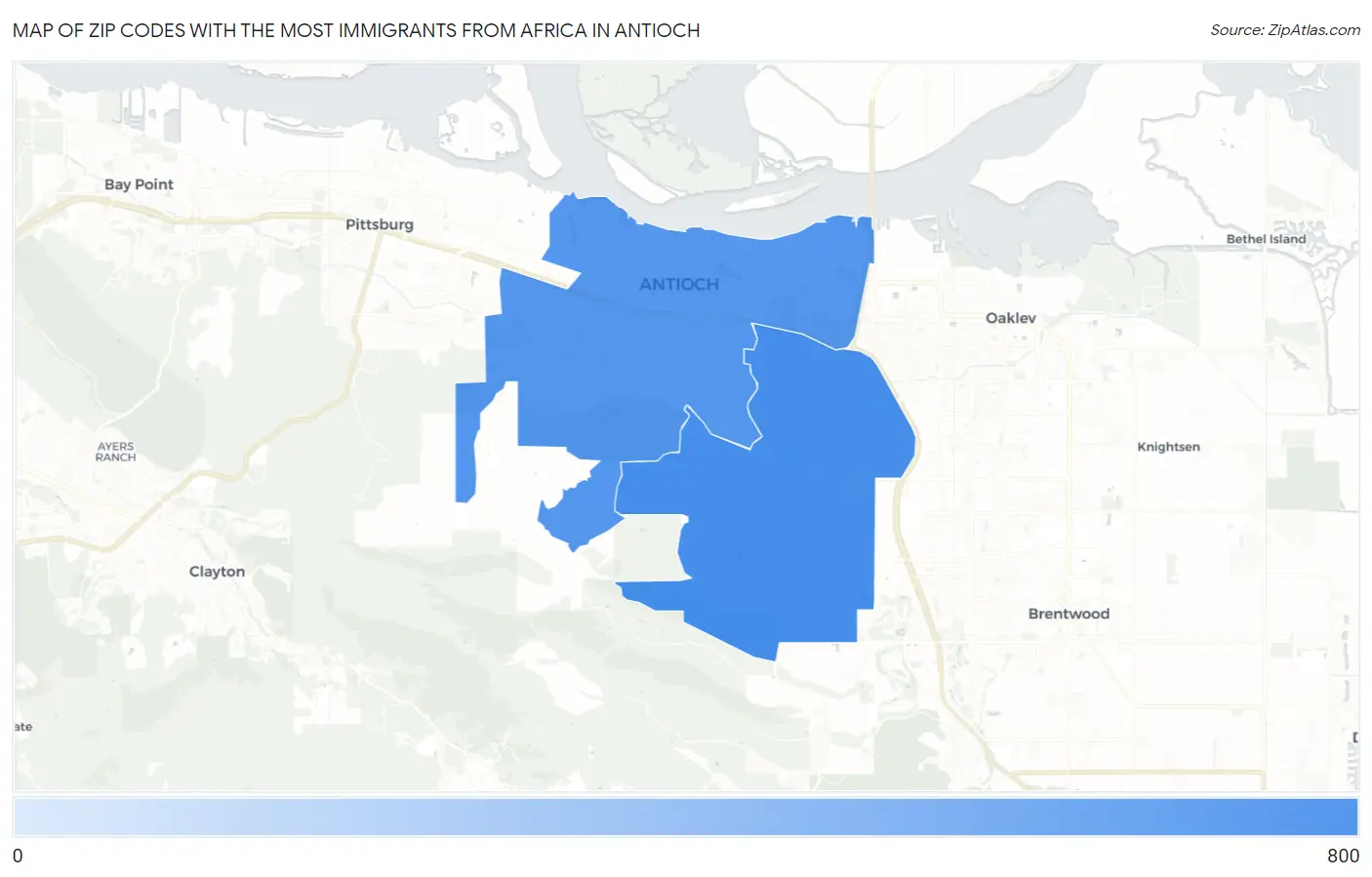 Zip Codes with the Most Immigrants from Africa in Antioch Map