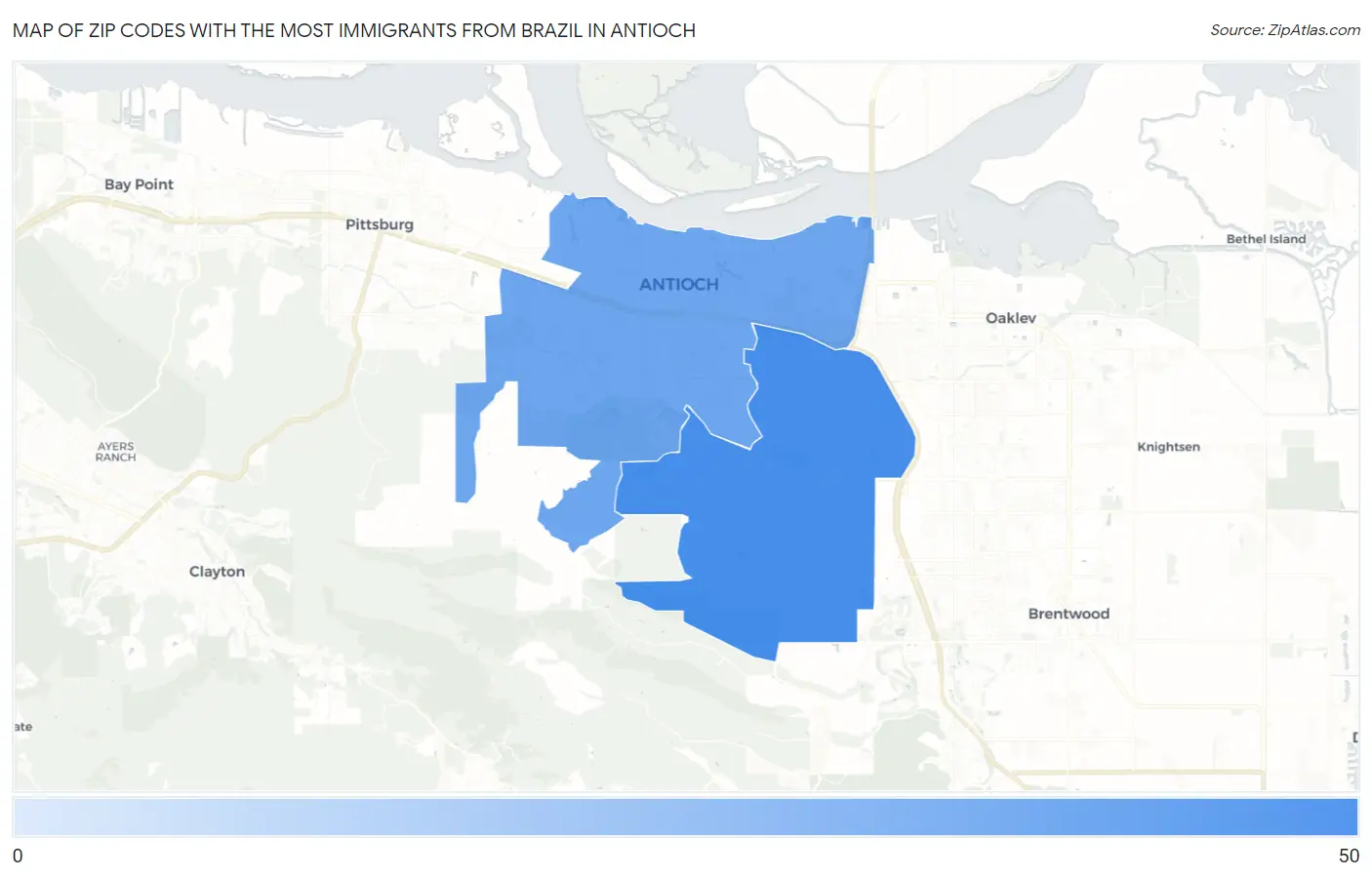 Zip Codes with the Most Immigrants from Brazil in Antioch Map