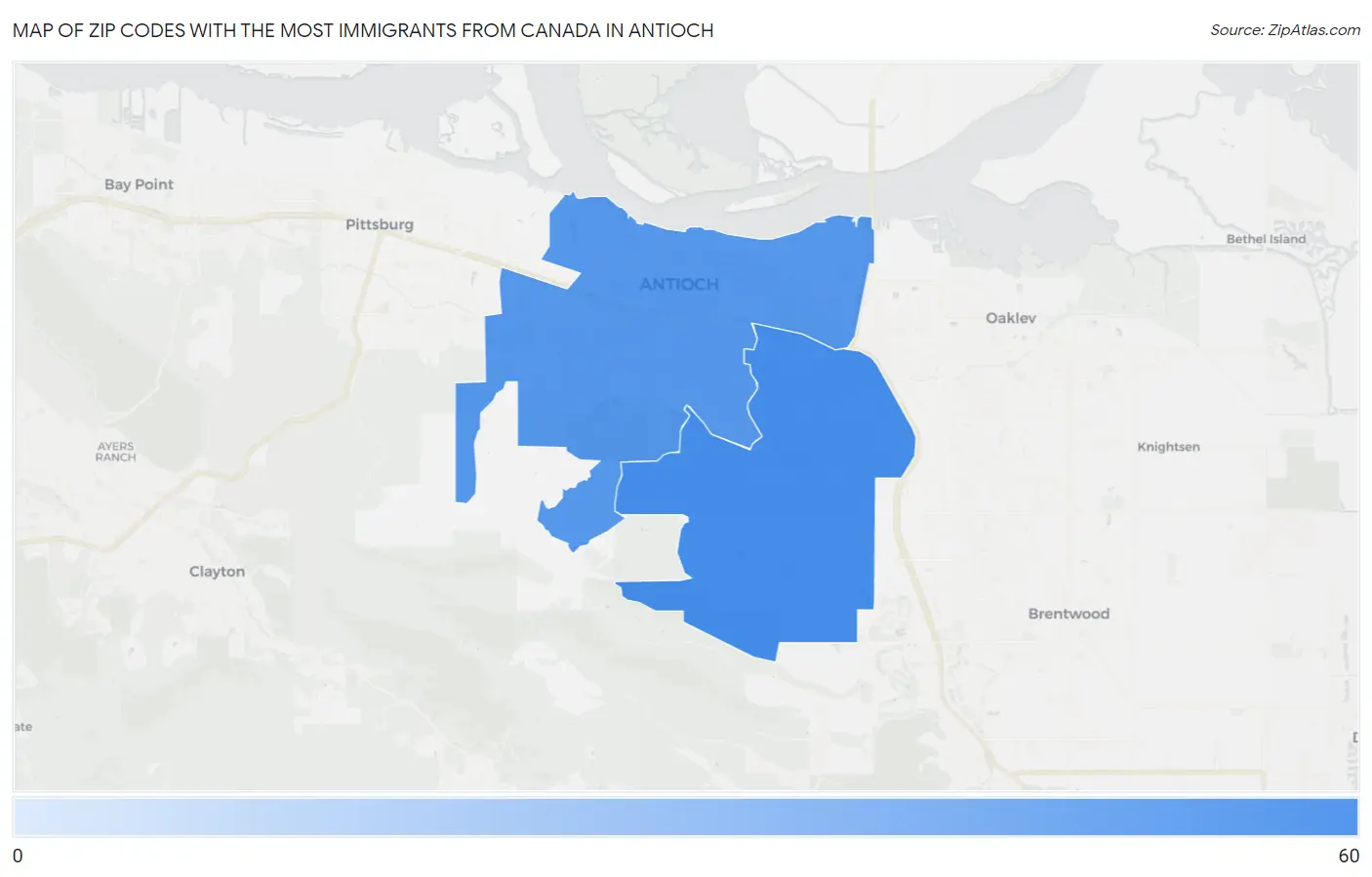 Zip Codes with the Most Immigrants from Canada in Antioch Map