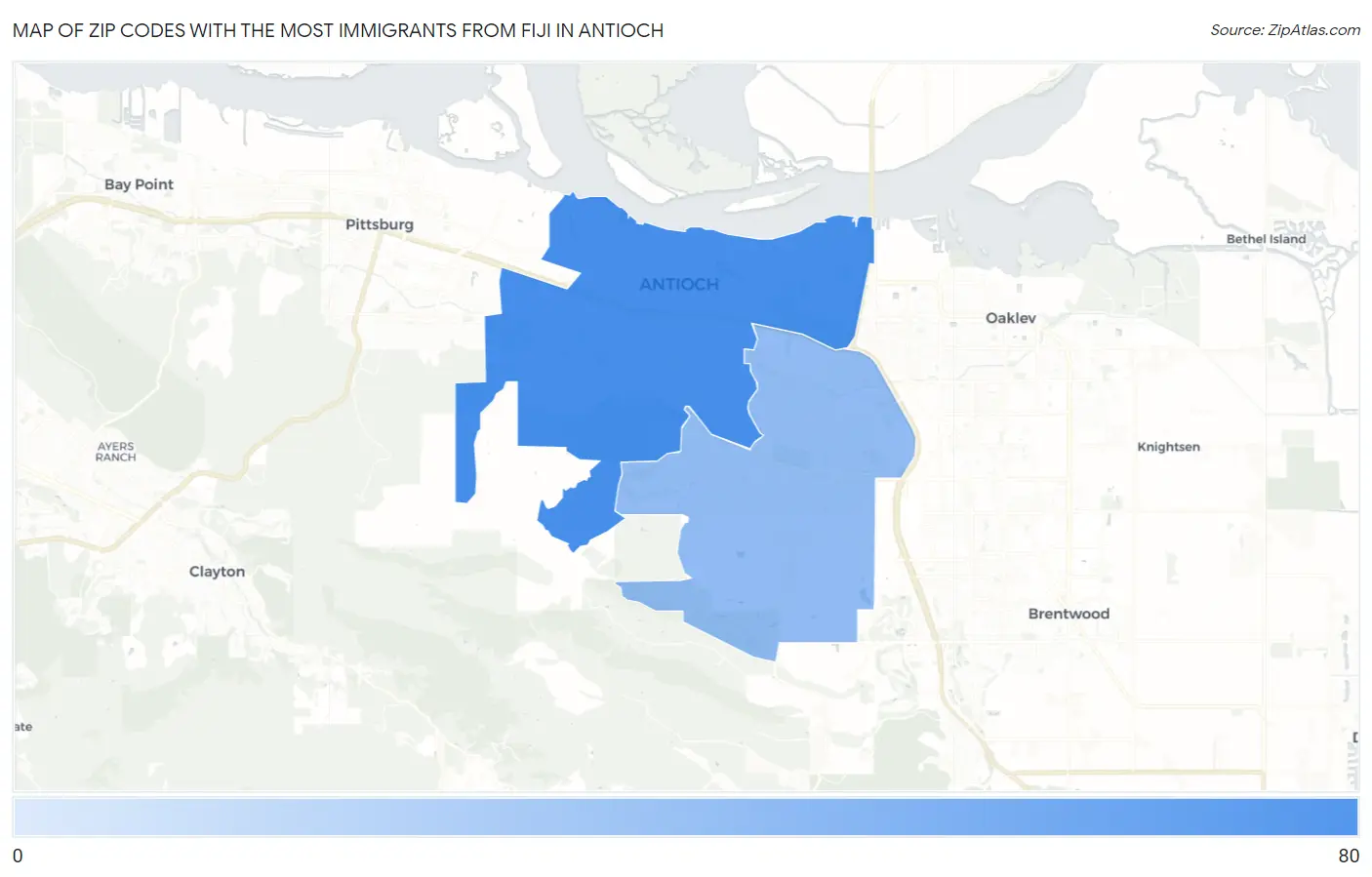 Zip Codes with the Most Immigrants from Fiji in Antioch Map
