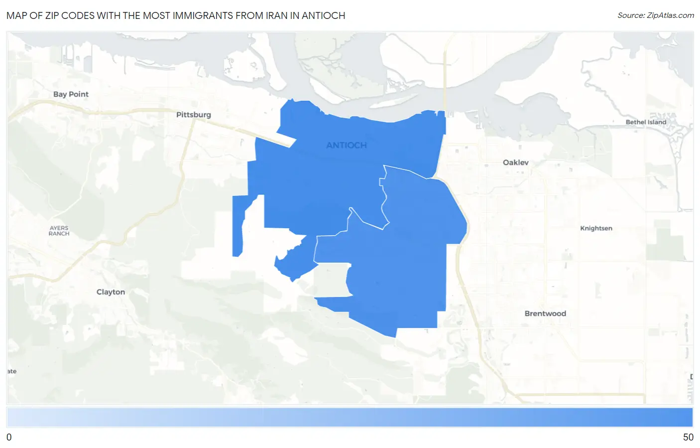 Zip Codes with the Most Immigrants from Iran in Antioch Map