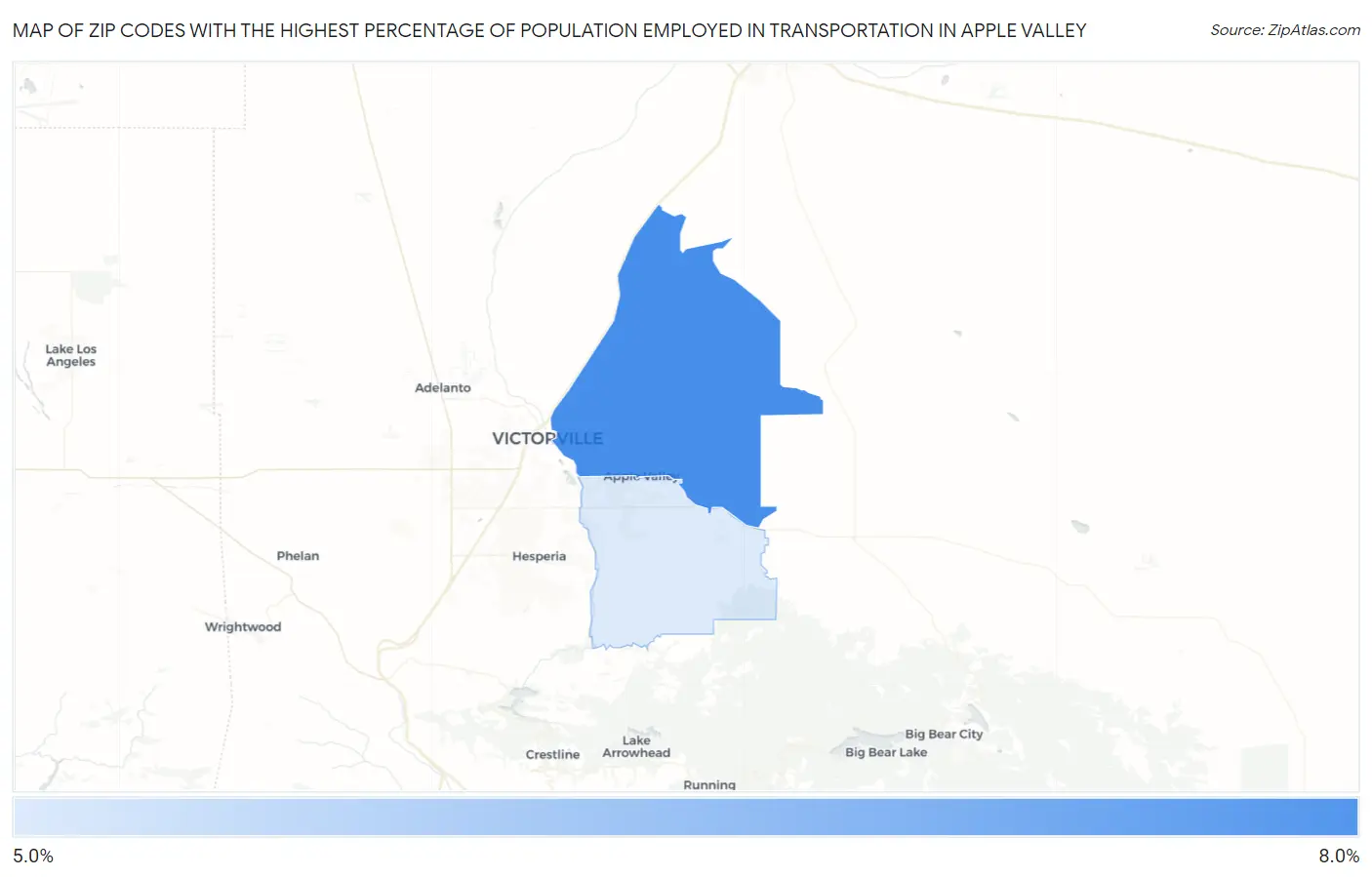 Zip Codes with the Highest Percentage of Population Employed in Transportation in Apple Valley Map