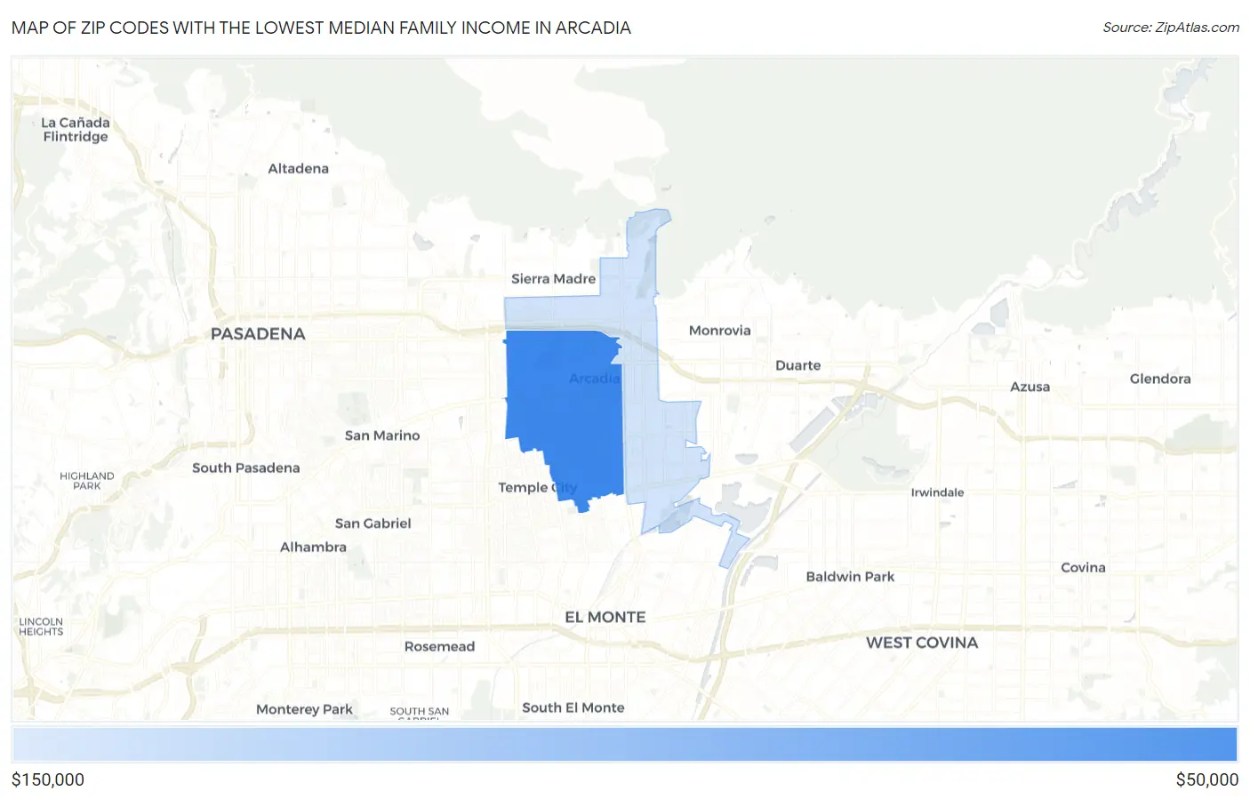 Zip Codes with the Lowest Median Family Income in Arcadia Map