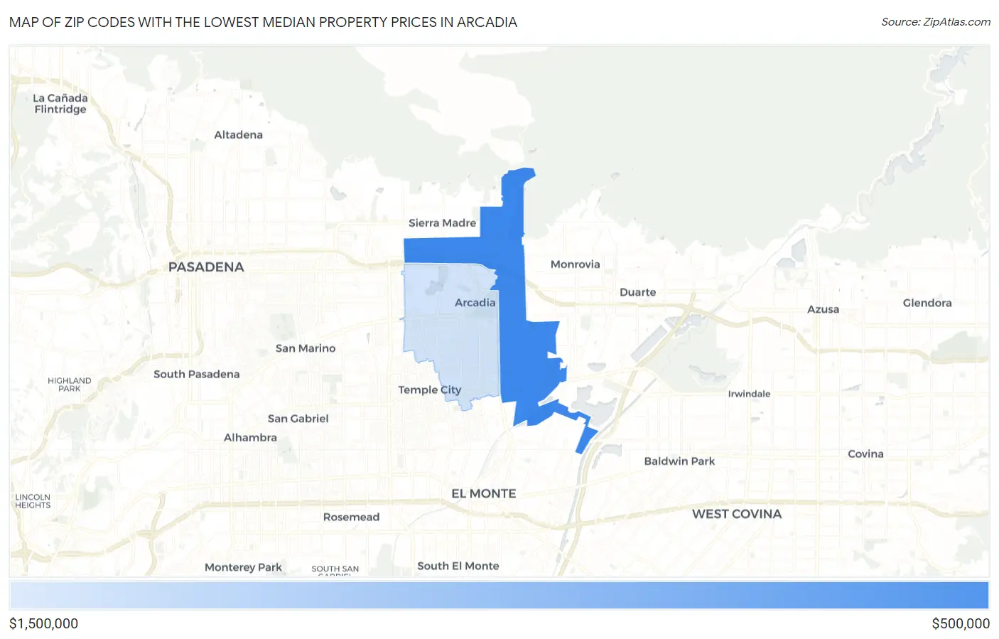 Zip Codes with the Lowest Median Property Prices in Arcadia Map
