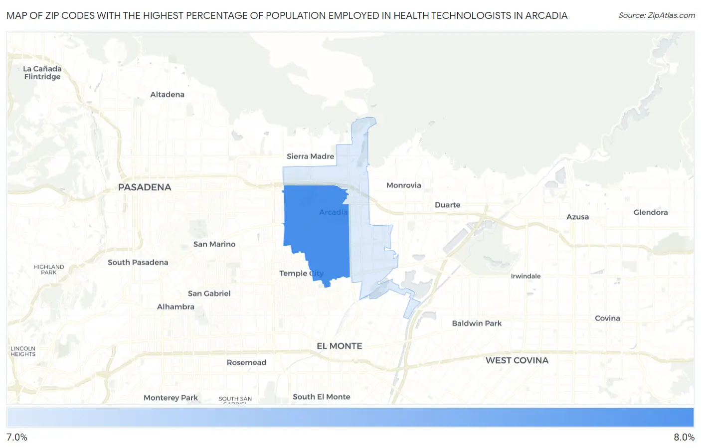 Zip Codes with the Highest Percentage of Population Employed in Health Technologists in Arcadia Map