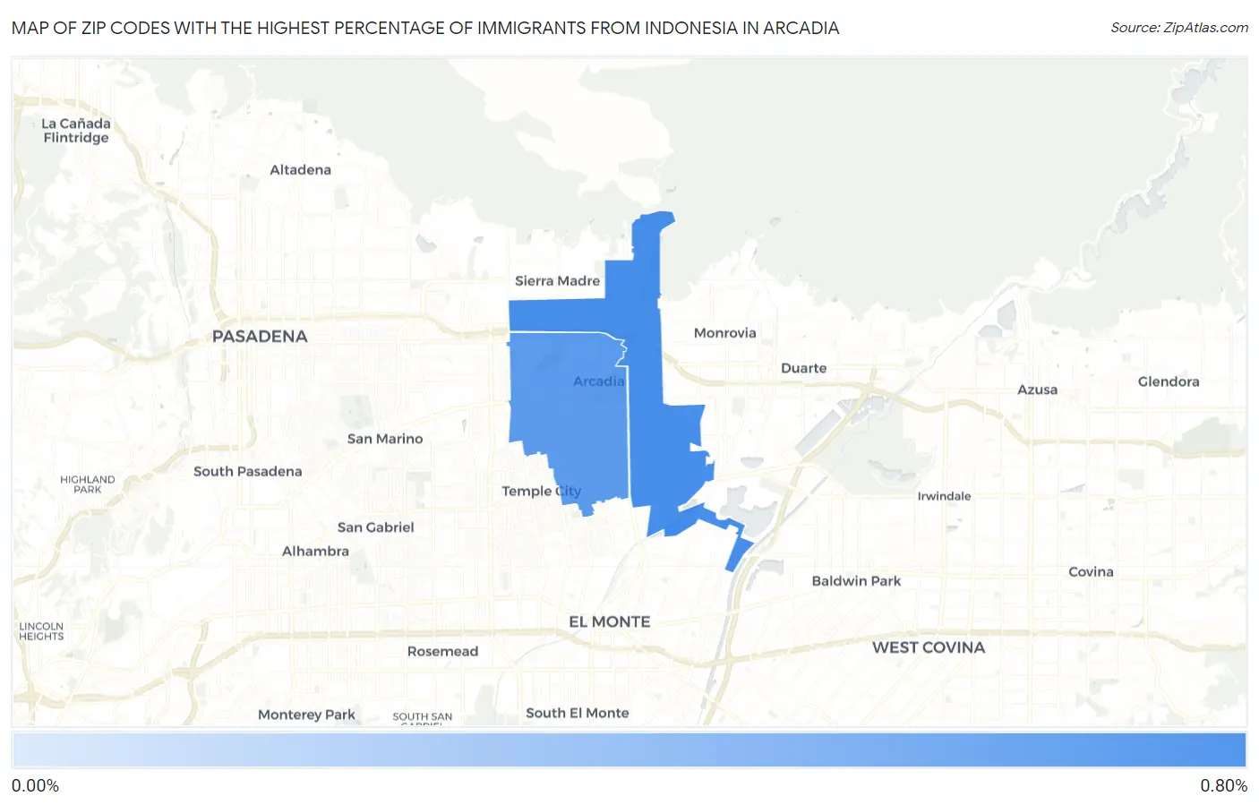 Zip Codes with the Highest Percentage of Immigrants from Indonesia in Arcadia Map