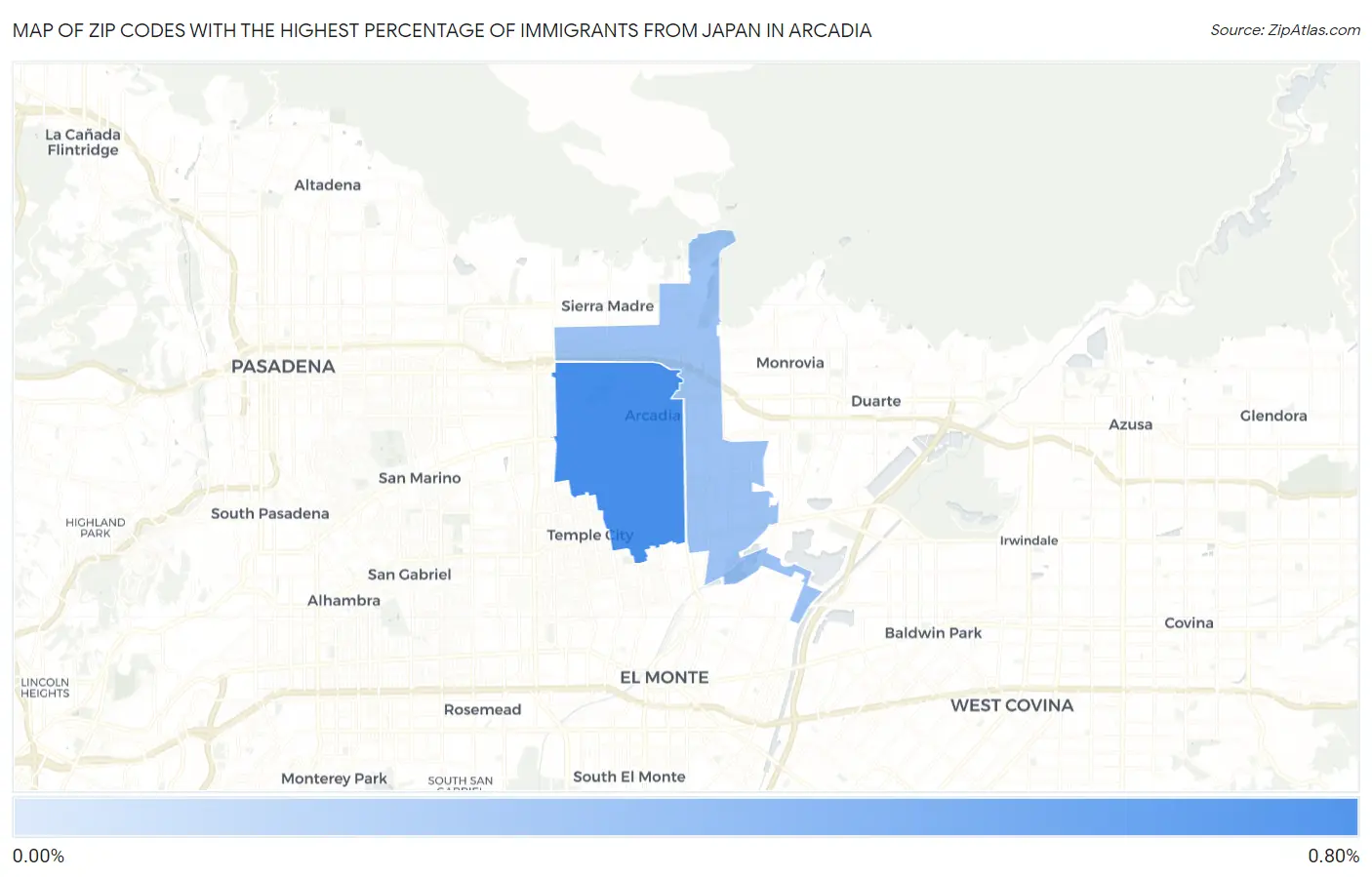 Zip Codes with the Highest Percentage of Immigrants from Japan in Arcadia Map