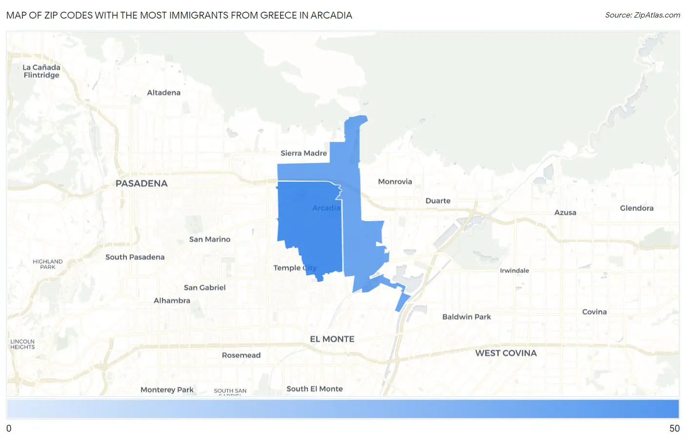 Zip Codes with the Most Immigrants from Greece in Arcadia Map
