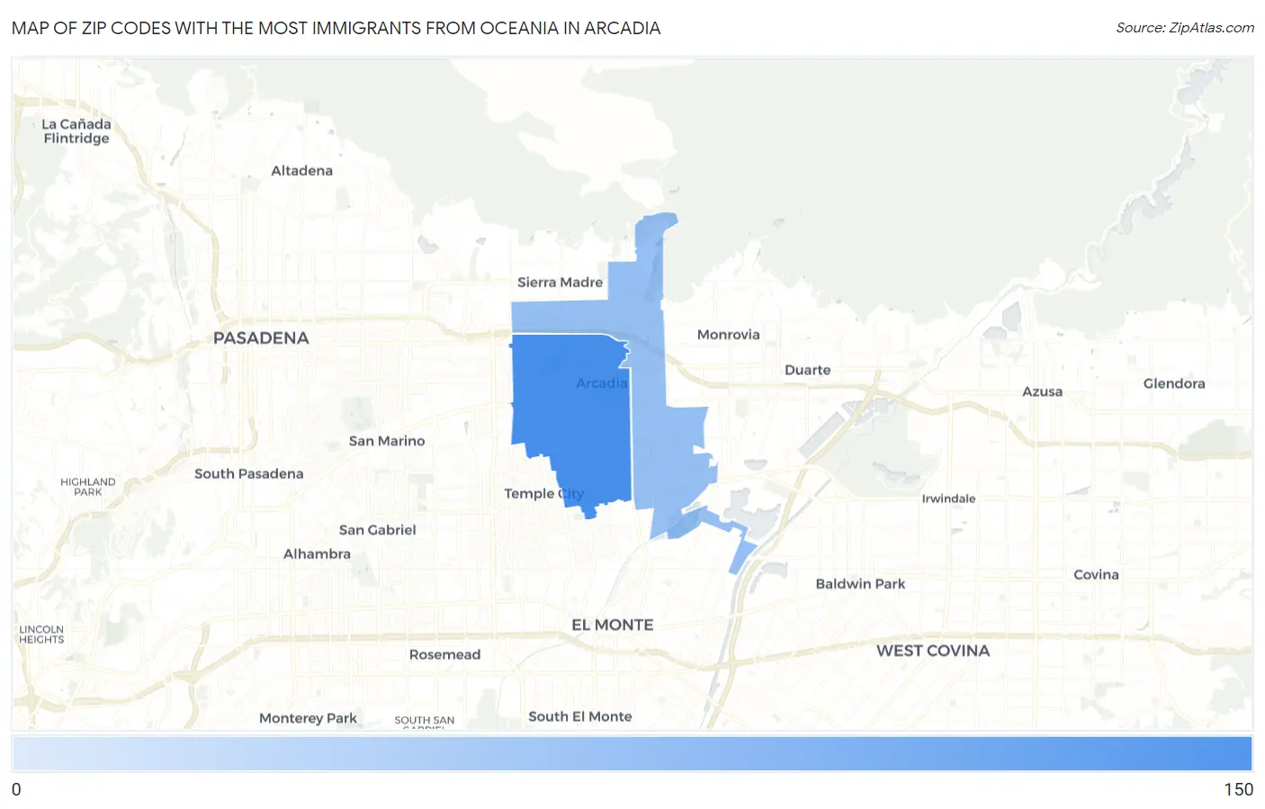 Zip Codes with the Most Immigrants from Oceania in Arcadia Map