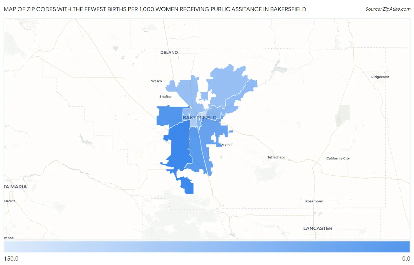 Zip Codes with the Fewest Births per 1,000 Women Receiving Public Assitance in Bakersfield Map