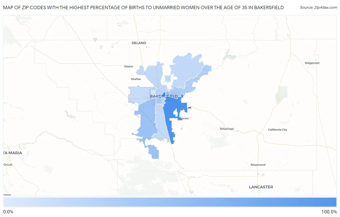 Zip Codes with the Highest Percentage of Births to Unmarried Women over the Age of 35 in Bakersfield Map