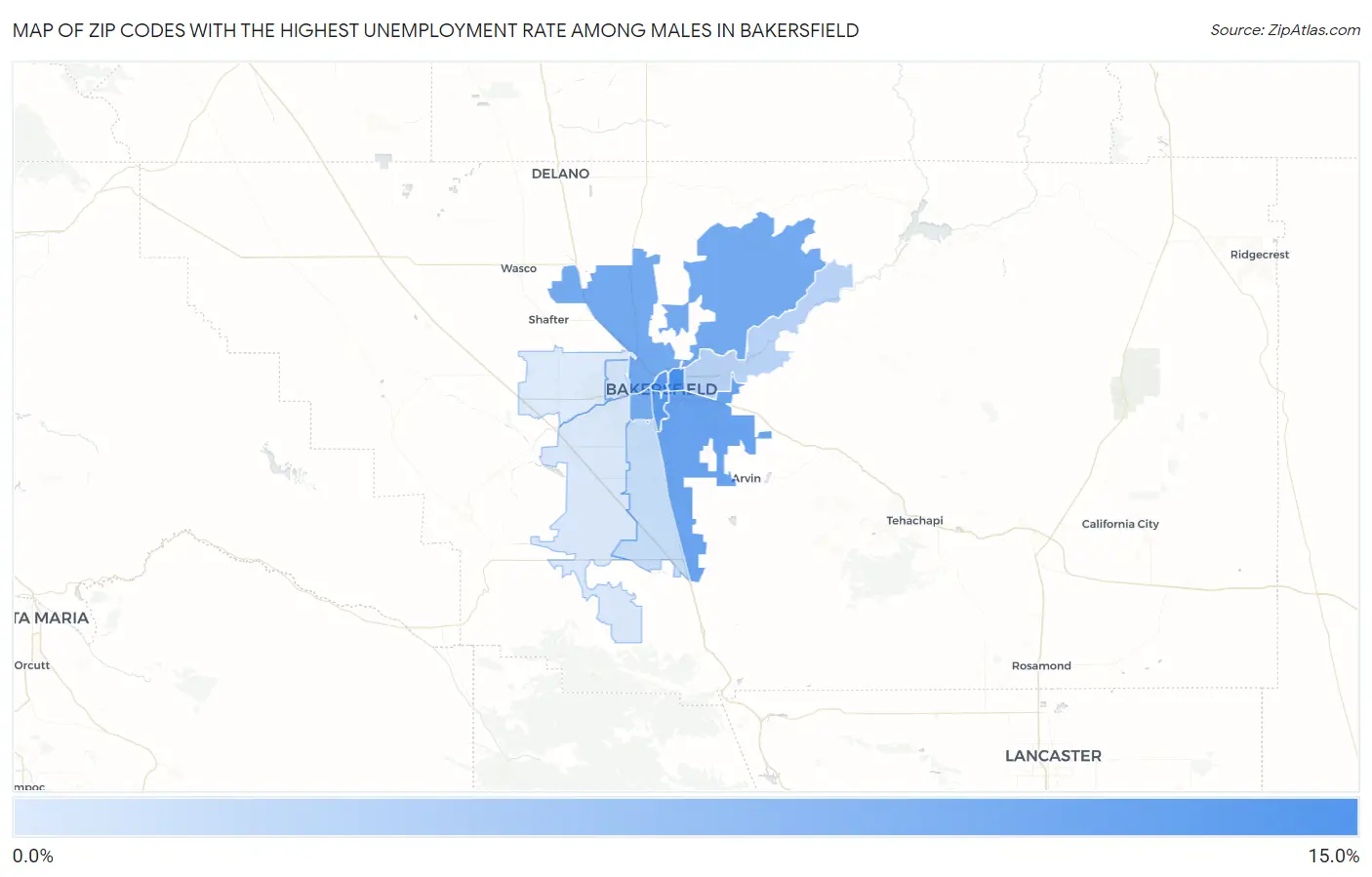 Zip Codes with the Highest Unemployment Rate Among Males in Bakersfield Map