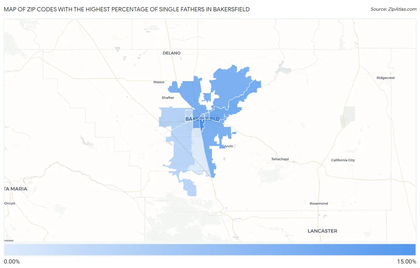 Zip Codes with the Highest Percentage of Single Fathers in Bakersfield Map