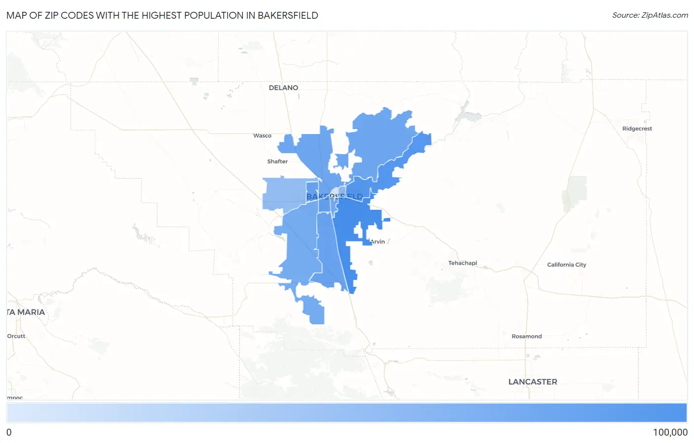 Zip Codes with the Highest Population in Bakersfield Map