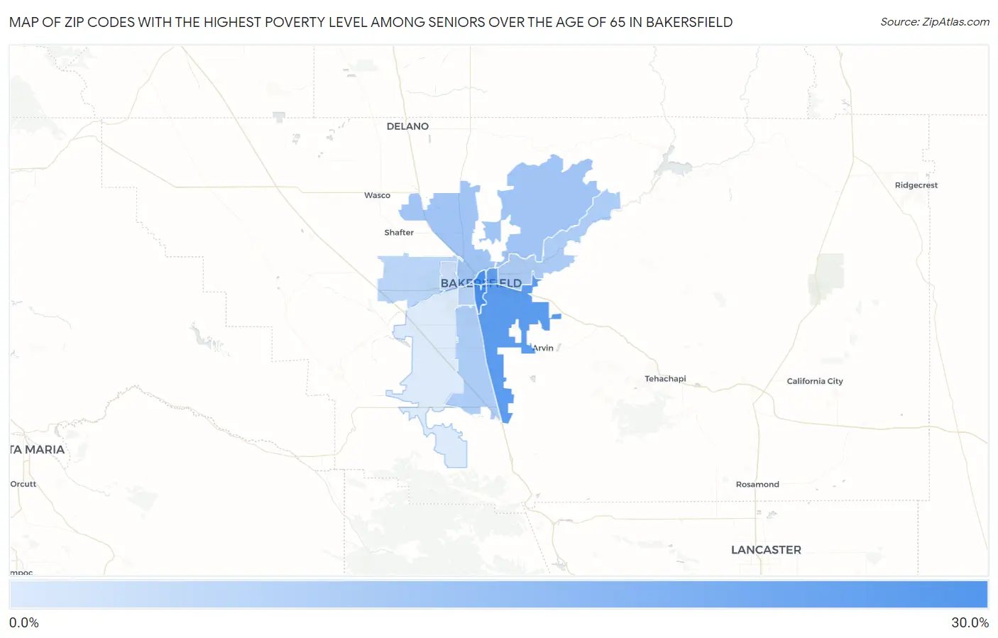 Zip Codes with the Highest Poverty Level Among Seniors Over the Age of 65 in Bakersfield Map