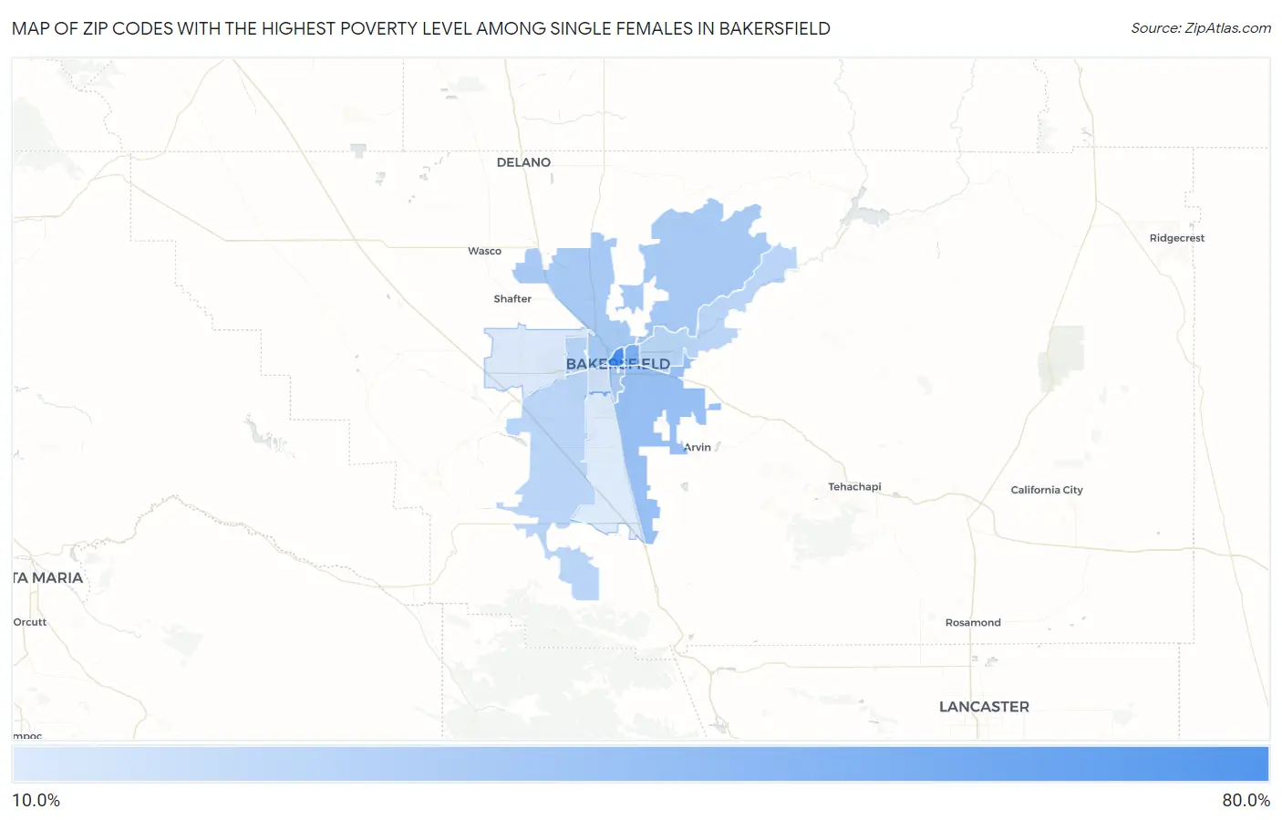 Zip Codes with the Highest Poverty Level Among Single Females in Bakersfield Map