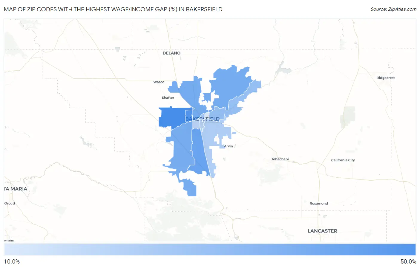 Zip Codes with the Highest Wage/Income Gap (%) in Bakersfield Map