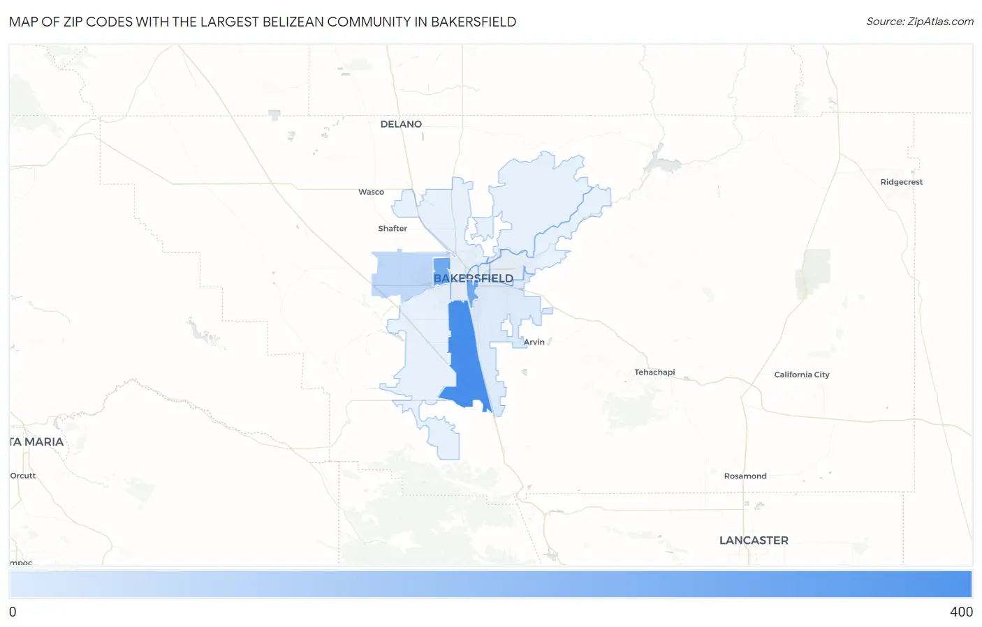 Zip Codes with the Largest Belizean Community in Bakersfield Map