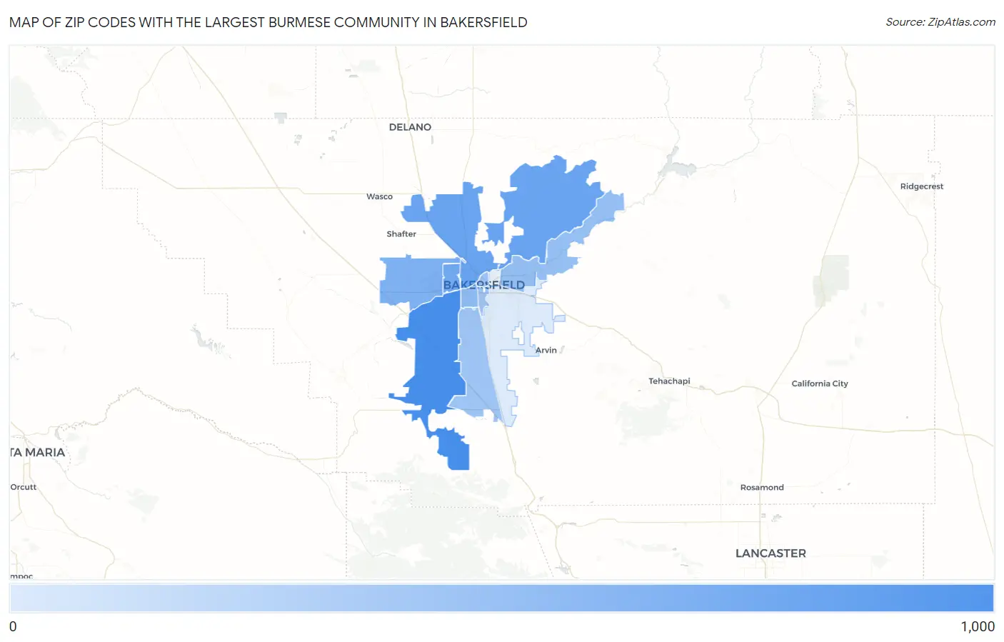 Zip Codes with the Largest Burmese Community in Bakersfield Map