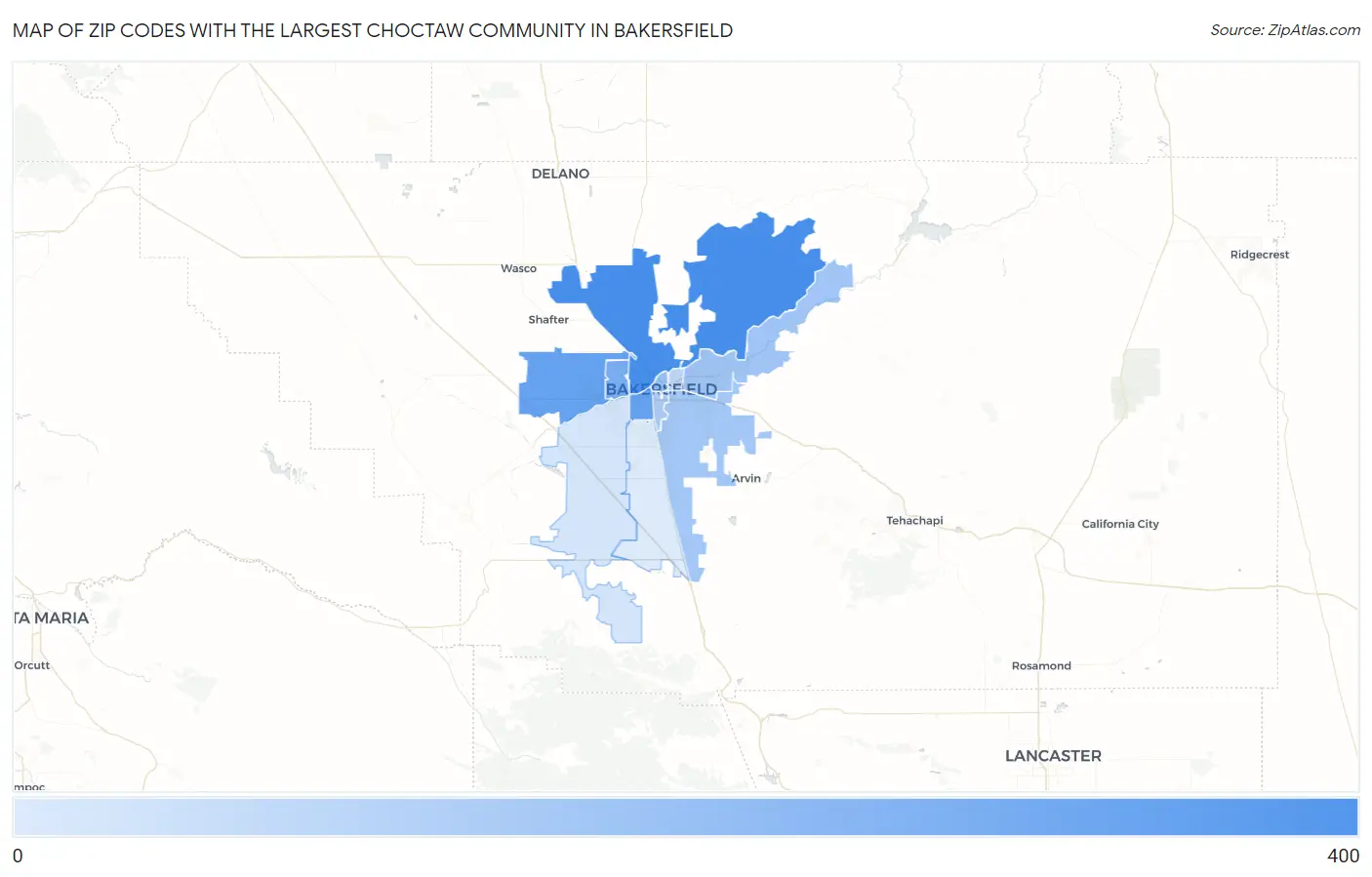 Zip Codes with the Largest Choctaw Community in Bakersfield Map