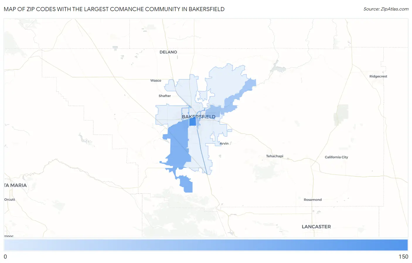 Zip Codes with the Largest Comanche Community in Bakersfield Map