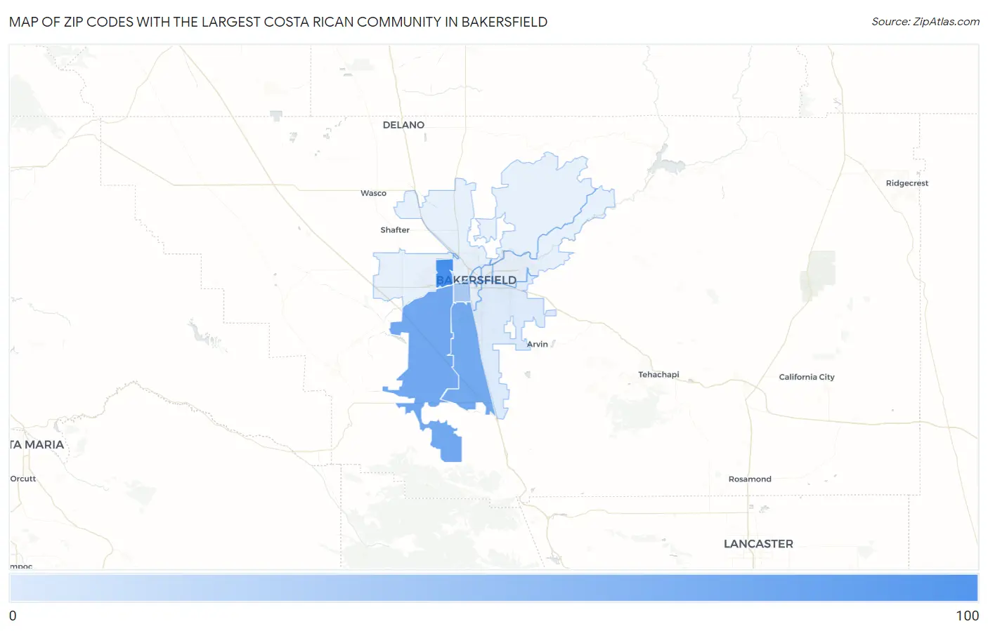Zip Codes with the Largest Costa Rican Community in Bakersfield Map