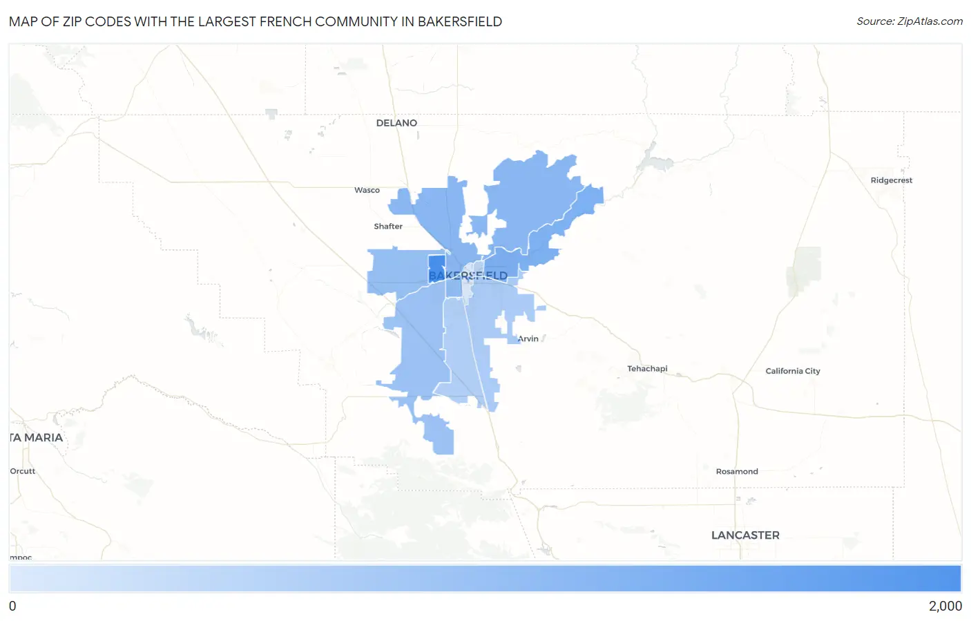 Zip Codes with the Largest French Community in Bakersfield Map