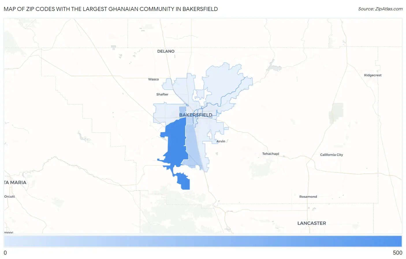 Zip Codes with the Largest Ghanaian Community in Bakersfield Map