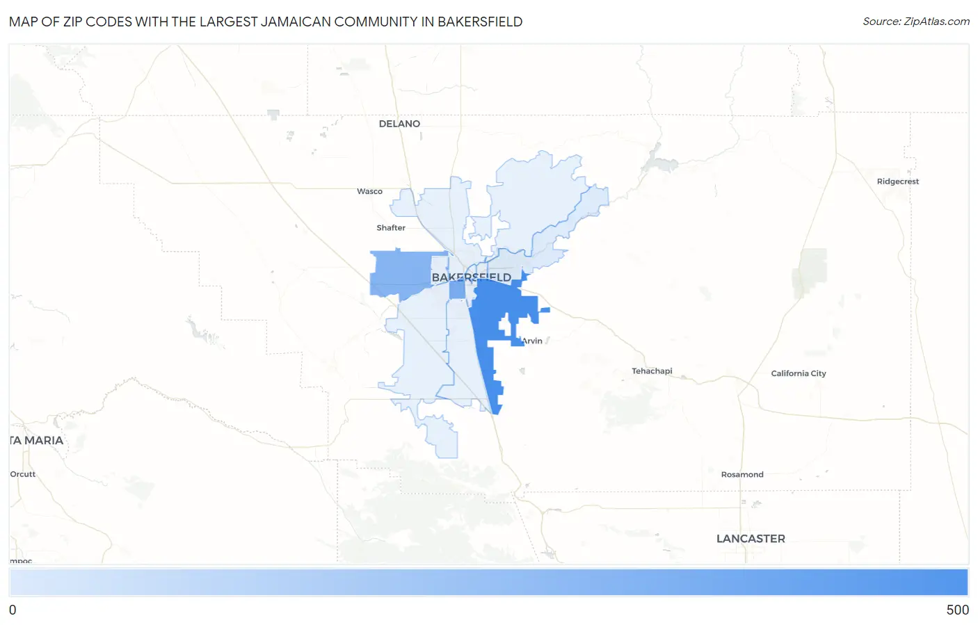 Zip Codes with the Largest Jamaican Community in Bakersfield Map