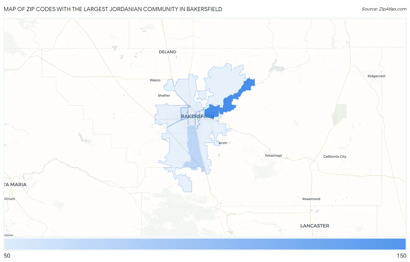 Zip Codes with the Largest Jordanian Community in Bakersfield Map