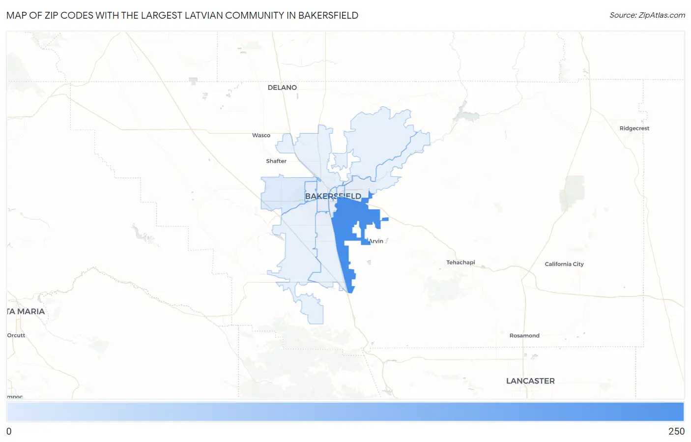 Zip Codes with the Largest Latvian Community in Bakersfield Map