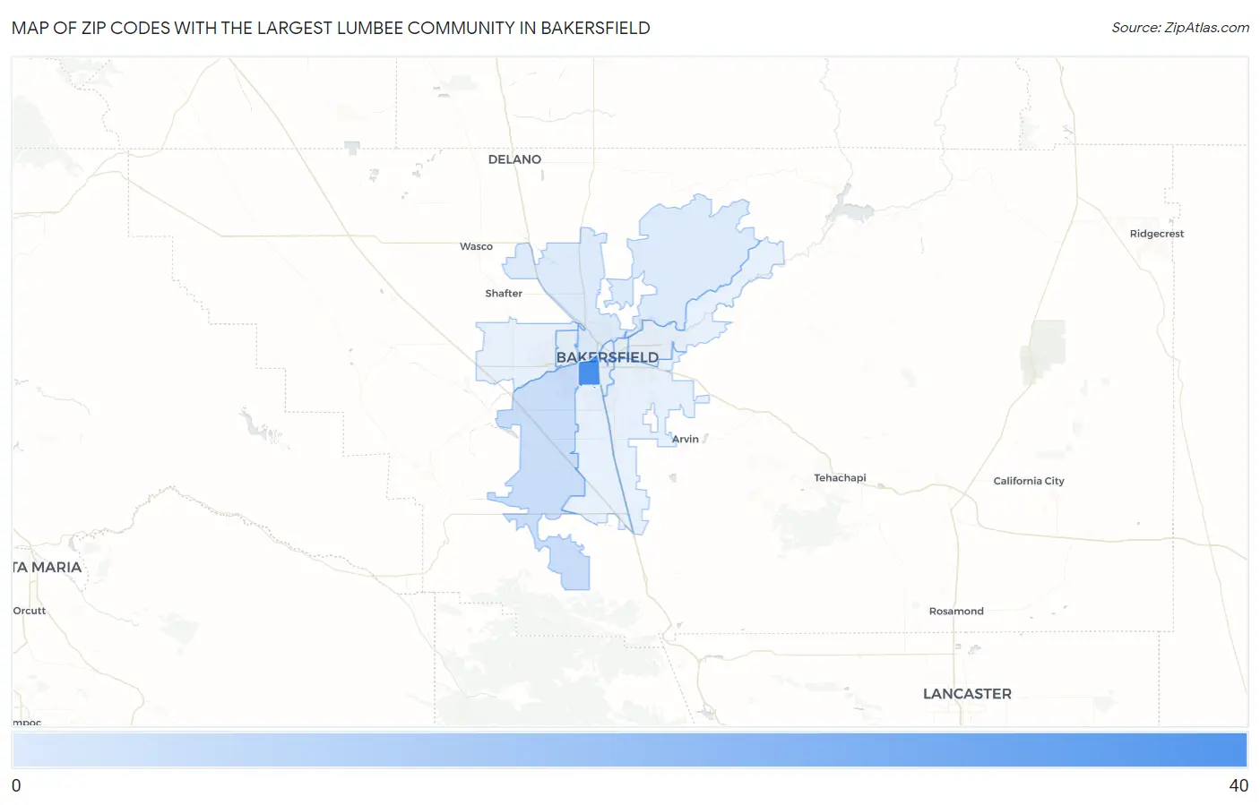 Zip Codes with the Largest Lumbee Community in Bakersfield Map