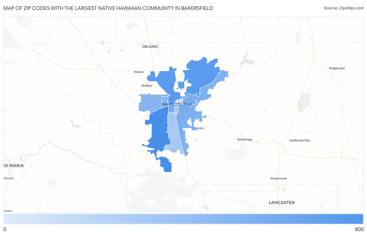 Zip Codes with the Largest Native Hawaiian Community in Bakersfield Map