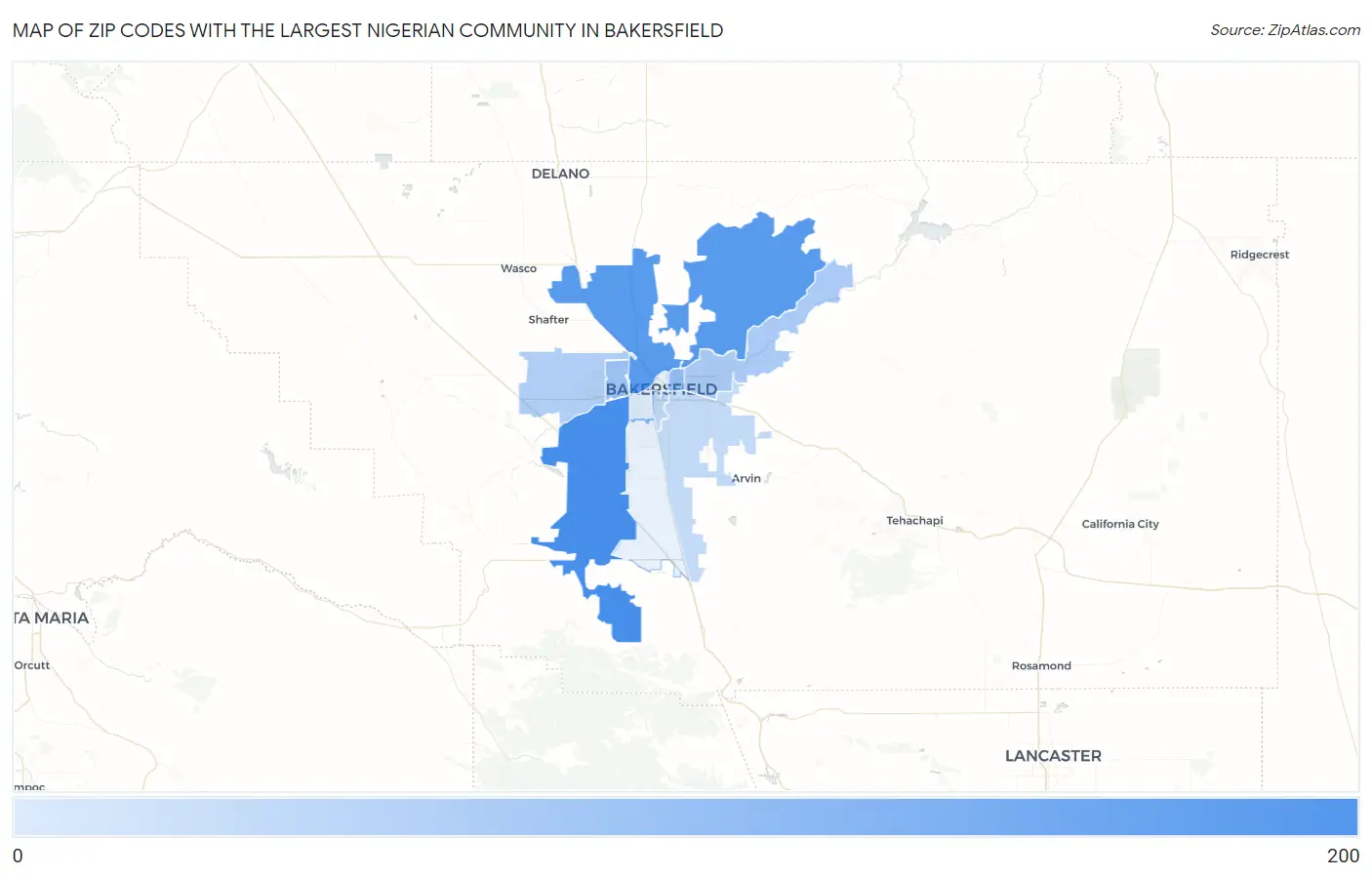 Zip Codes with the Largest Nigerian Community in Bakersfield Map