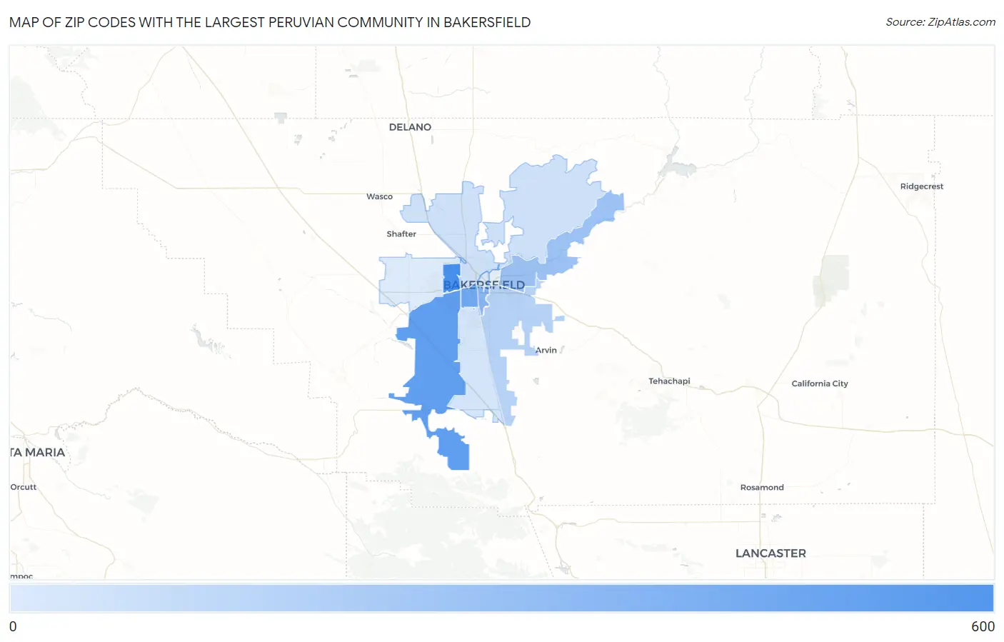 Zip Codes with the Largest Peruvian Community in Bakersfield Map