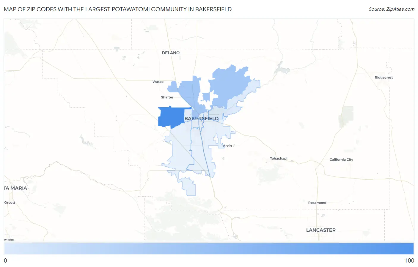 Zip Codes with the Largest Potawatomi Community in Bakersfield Map