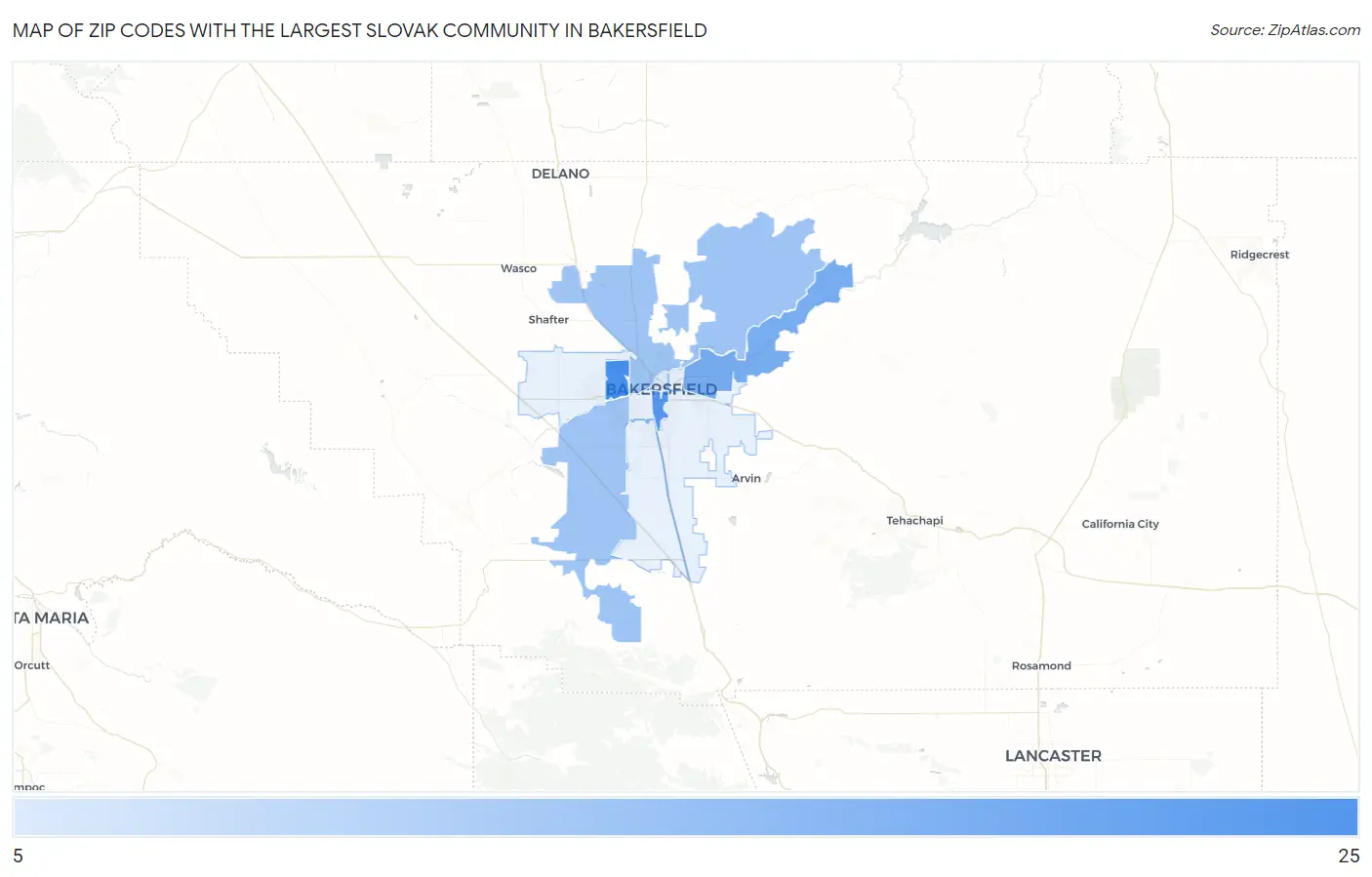 Zip Codes with the Largest Slovak Community in Bakersfield Map