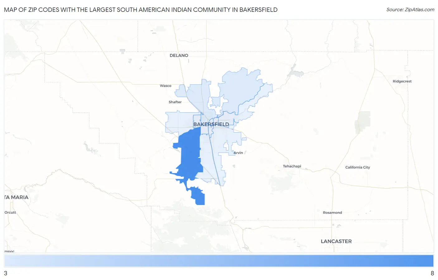 Zip Codes with the Largest South American Indian Community in Bakersfield Map