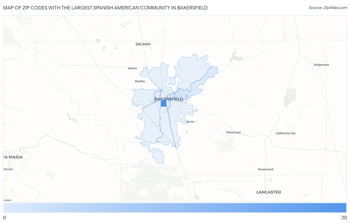Zip Codes with the Largest Spanish American Community in Bakersfield Map